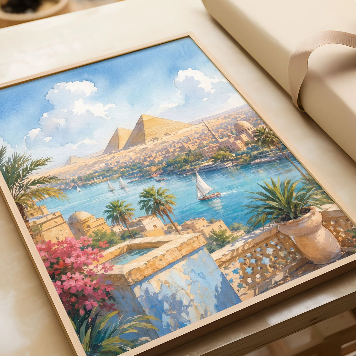 Cairo Pyramids of Giza and the Nile watercolour art print in a natural wood frame, gift close-up