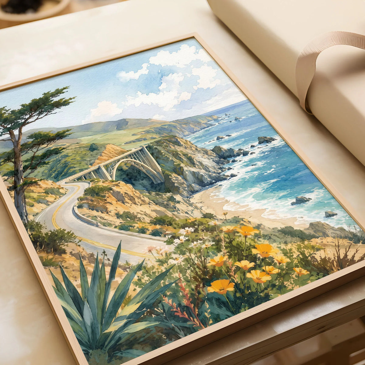 Big Sur Bixby Bridge on the coast watercolour art print in a natural wood frame, gift close-up