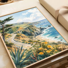 Big Sur Bixby Bridge on the coast watercolour art print in a natural wood frame, gift close-up