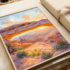 Canyonlands National Park Mesa Arch at sunrise watercolour art print in a natural wood frame, gift close-up
