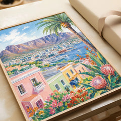 Cape Town Table Mountain and colourful houses watercolour art print in a natural wood frame, gift close-up
