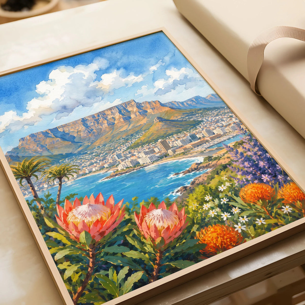 Cape Town Table Mountain bay with proteas watercolour art print in a natural wood frame, gift close-up