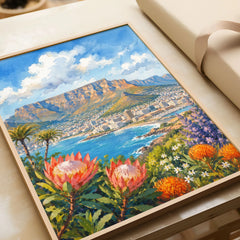 Cape Town Table Mountain bay with proteas watercolour art print in a natural wood frame, gift close-up