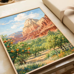 Capitol Reef National Park Fruita orchards and cliffs watercolour art print in a natural wood frame, gift close-up
