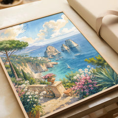 Capri Faraglioni rocks watercolour art print in a natural wood frame, gift close-up