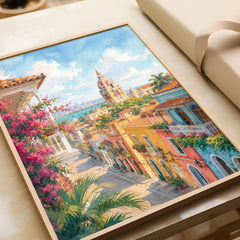 Cartagena colonial old town street watercolour art print in a natural wood frame, gift close-up