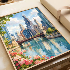 Chicago river and skyline watercolour art print in a natural wood frame, gift close-up