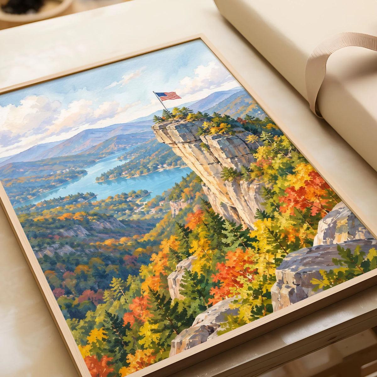 Chimney Rock State Park Chimney Rock above Lake Lure watercolour art print in a natural wood frame, gift close-up