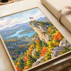 Chimney Rock State Park Chimney Rock above Lake Lure watercolour art print in a natural wood frame, gift close-up