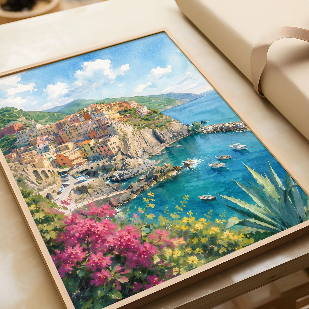Cinque Terre Manarola cliff village watercolour art print in a natural wood frame, gift close-up