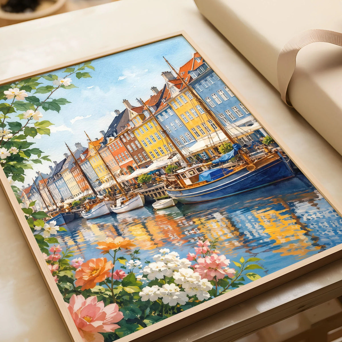 Copenhagen Nyhavn harbour houses watercolour art print in a natural wood frame, gift close-up