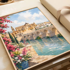 Córdoba Roman bridge and Mezquita watercolour art print in a natural wood frame, gift close-up