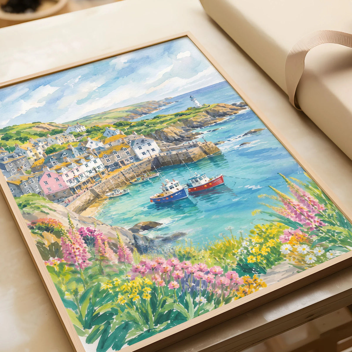 Cornwall harbour, fishing boats and lighthouse watercolour art print in a natural wood frame, gift close-up