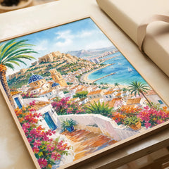 Costa Blanca Altea blue-domed church and coast watercolour art print in a natural wood frame, gift close-up