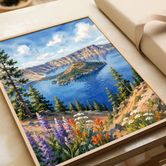 Crater Lake National Park Wizard Island in the deep blue lake watercolour art print in a natural wood frame, gift close-up
