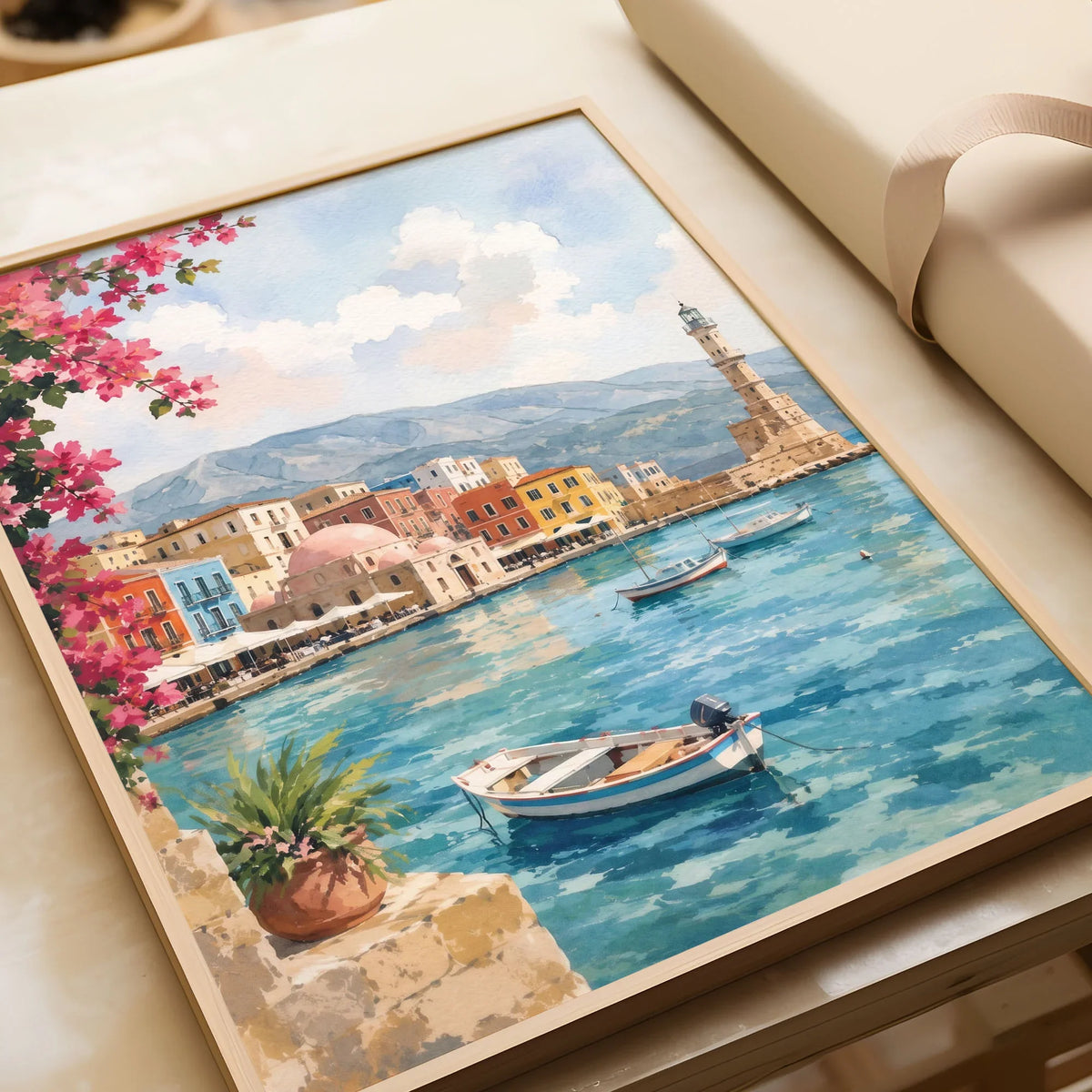 Crete Chania Venetian harbour and lighthouse watercolour art print in a natural wood frame, gift close-up
