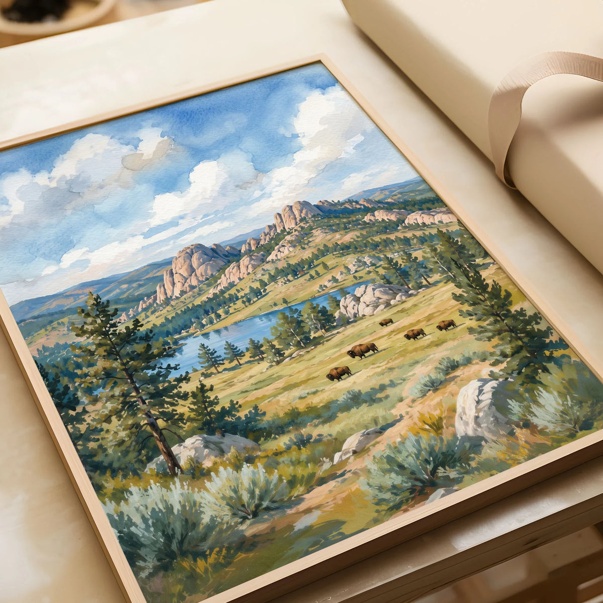 Custer State Park bison grazing below the Black Hills watercolour art print in a natural wood frame, gift close-up