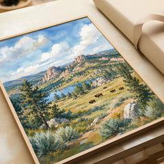 Custer State Park bison grazing below the Black Hills watercolour art print in a natural wood frame, gift close-up