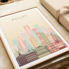 Dallas city skyline art print in a natural wood frame, gift close-up