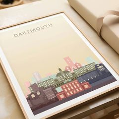 Dartmouth city skyline art print in a natural wood frame, gift close-up