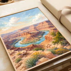 Dead Horse Point State Park Colorado River gooseneck watercolour art print in a natural wood frame, gift close-up