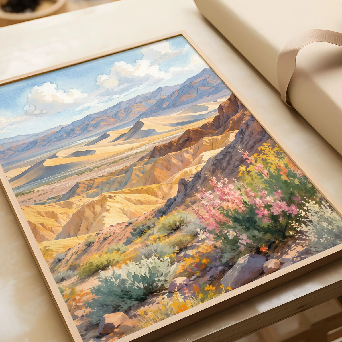 Death Valley National Park sand dunes and golden hills watercolour art print in a natural wood frame, gift close-up