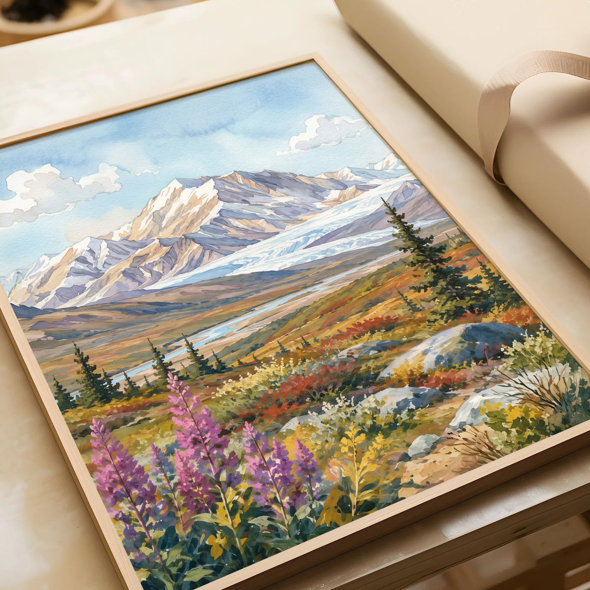 Denali National Park snow-capped Denali peak watercolour art print in a natural wood frame, gift close-up