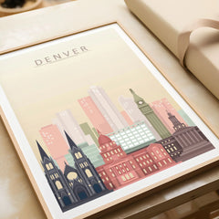 Denver city skyline art print in a natural wood frame, gift close-up
