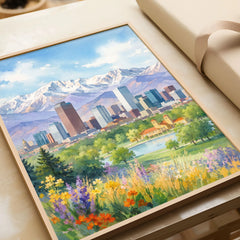 Denver skyline and Rocky Mountains watercolour art print in a natural wood frame, gift close-up