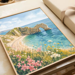 Dorset Durdle Door arch and beach watercolour art print in a natural wood frame, gift close-up