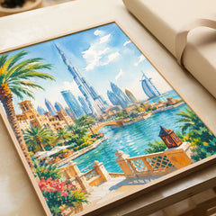 Dubai Burj Khalifa skyline watercolour art print in a natural wood frame, gift close-up