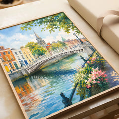 Dublin Ha'penny Bridge on the Liffey watercolour art print in a natural wood frame, gift close-up