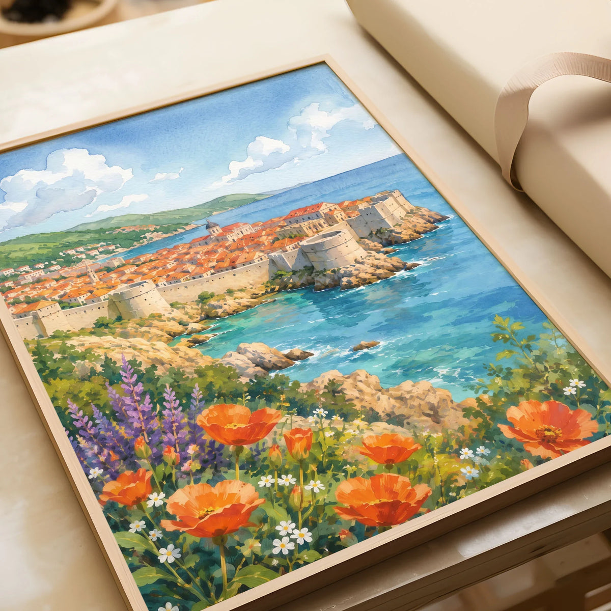 Dubrovnik old town walls and sea watercolour art print in a natural wood frame, gift close-up