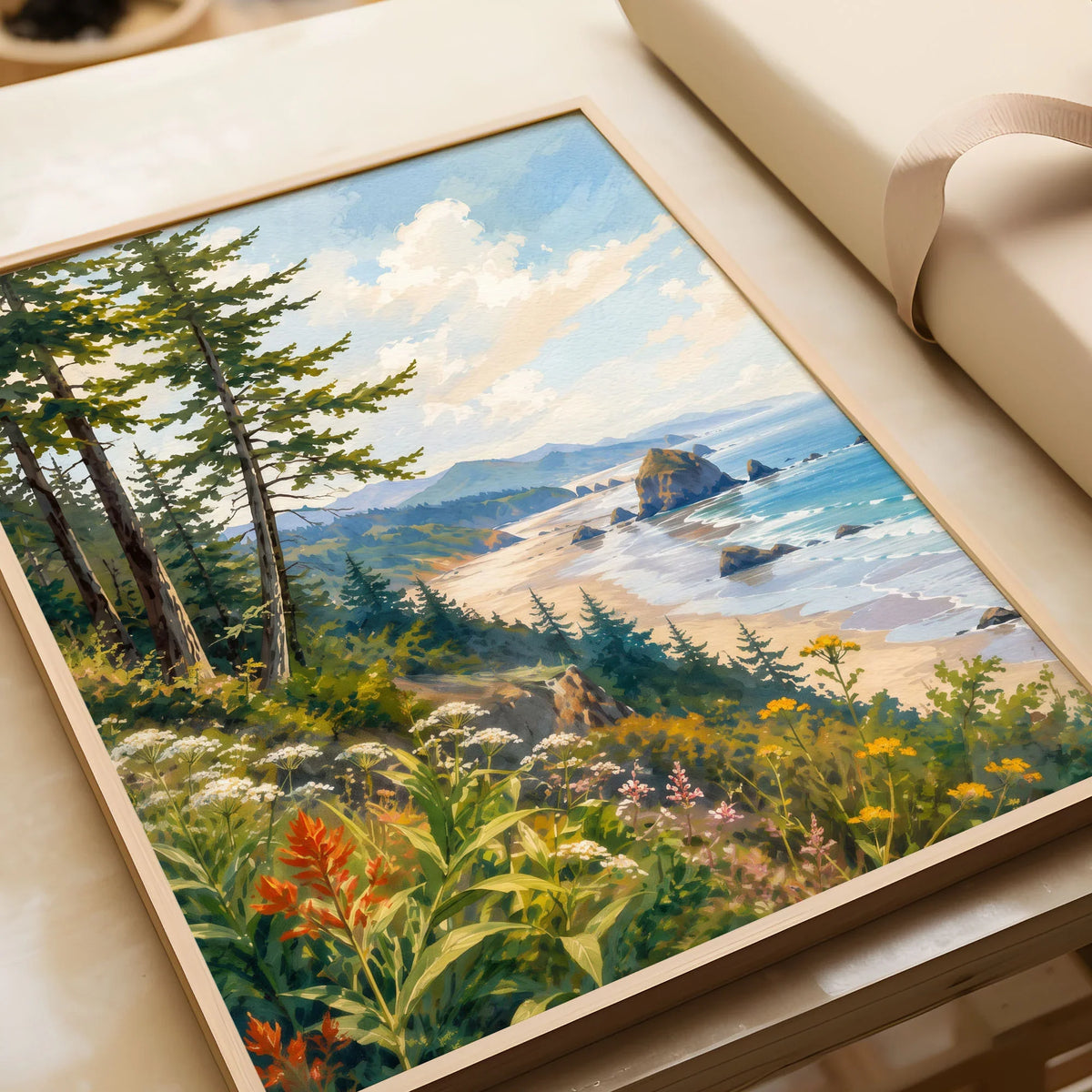 Ecola State Park Cannon Beach sea stacks watercolour art print in a natural wood frame, gift close-up