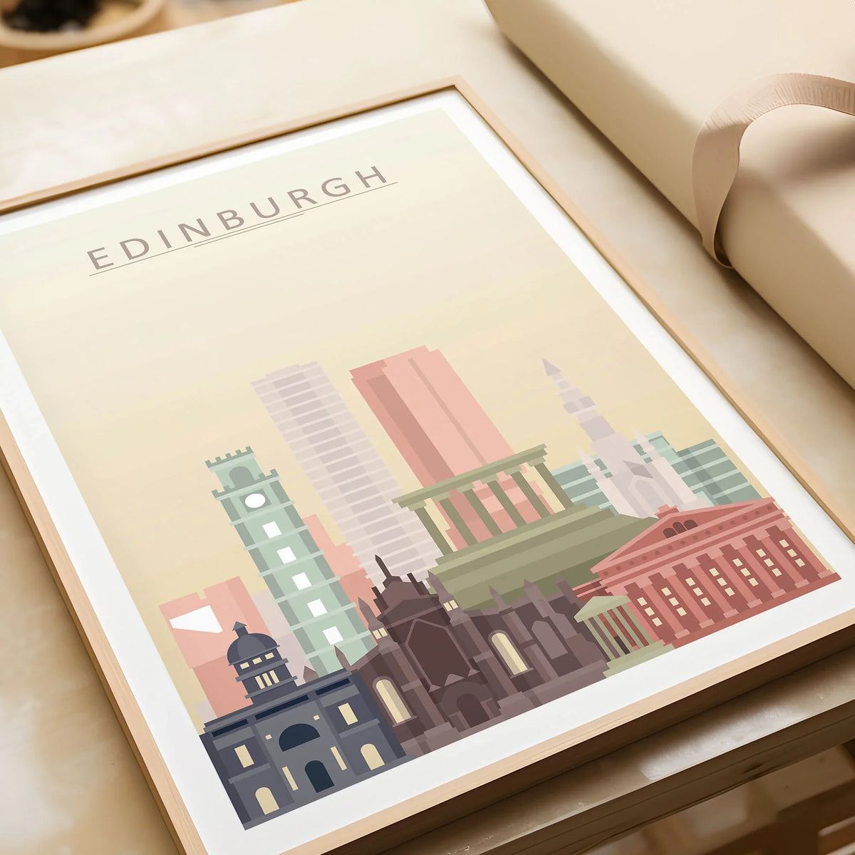Edinburgh city skyline art print in a natural wood frame, gift close-up