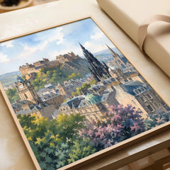 Edinburgh castle and Scott Monument watercolour art print in a natural wood frame, gift close-up