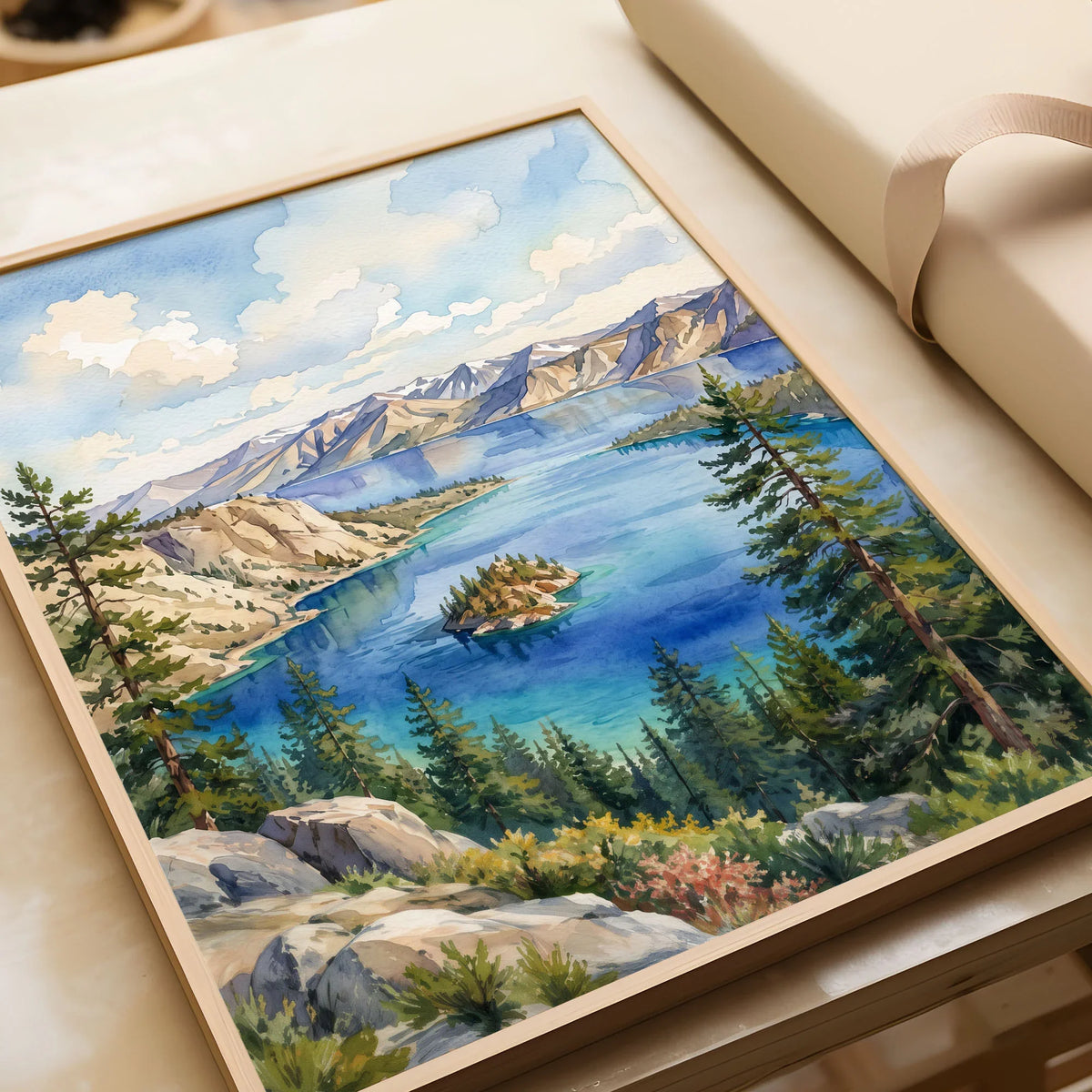 Emerald Bay State Park Fannette Island in Emerald Bay watercolour art print in a natural wood frame, gift close-up