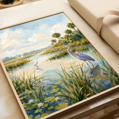 Everglades National Park herons in the wetlands watercolour art print in a natural wood frame, gift close-up