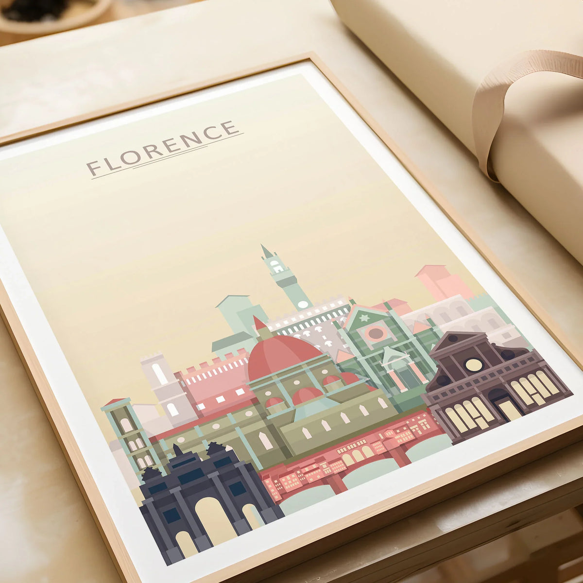 Florence city skyline art print in a natural wood frame, gift close-up