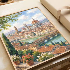 Florence Duomo and Ponte Vecchio watercolour art print in a natural wood frame, gift close-up
