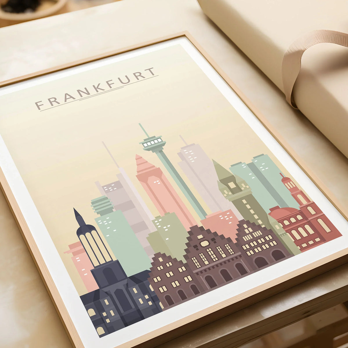 Frankfurt city skyline art print in a natural wood frame, gift close-up
