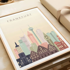 Frankfurt city skyline art print in a natural wood frame, gift close-up