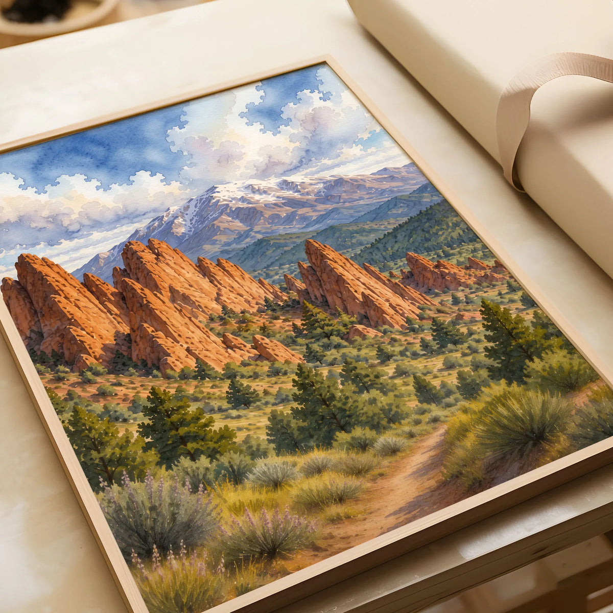 Garden of the Gods red rocks and Pikes Peak watercolour art print in a natural wood frame, gift close-up
