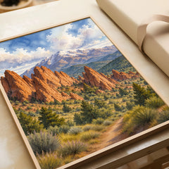 Garden of the Gods red rocks and Pikes Peak watercolour art print in a natural wood frame, gift close-up