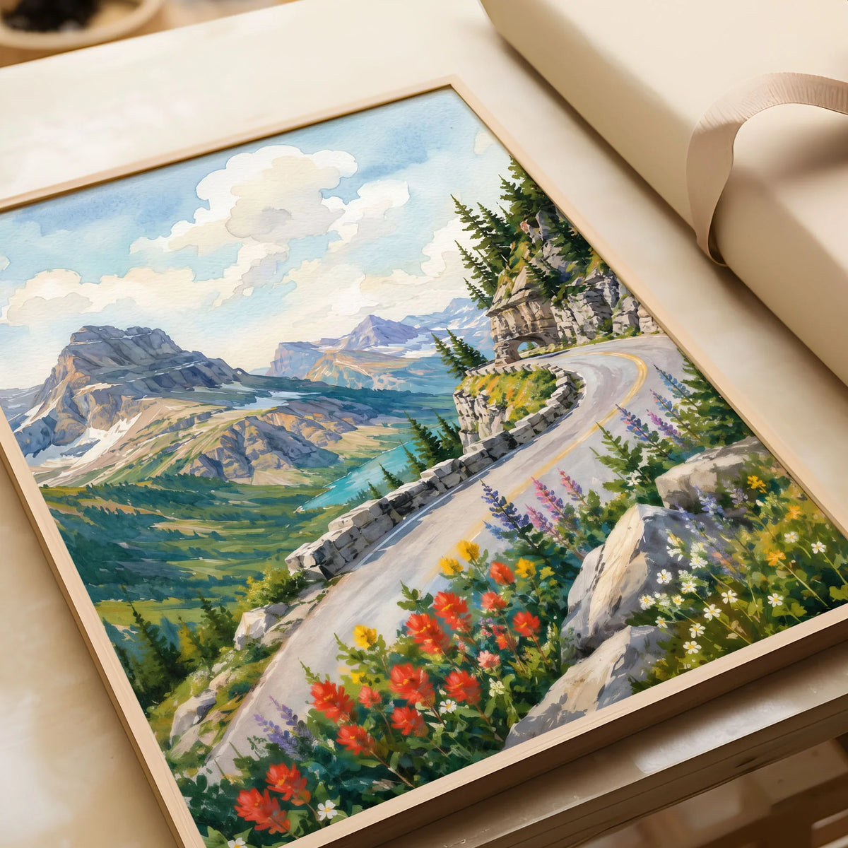 Glacier National Park Going-to-the-Sun Road watercolour art print in a natural wood frame, gift close-up