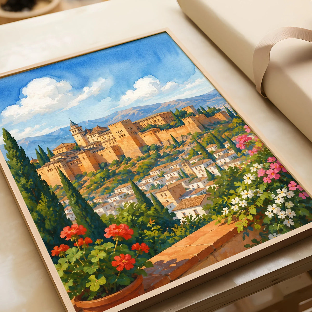 Granada Alhambra palace watercolour art print in a natural wood frame, gift close-up