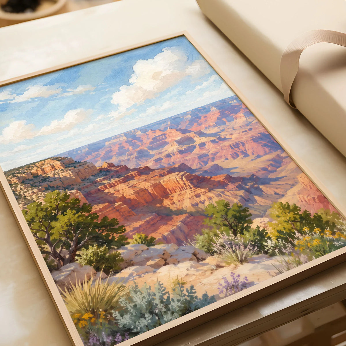 Grand Canyon National Park view from the South Rim watercolour art print in a natural wood frame, gift close-up