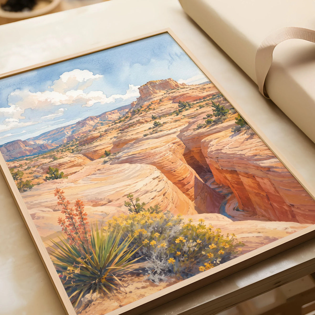 Grand Staircase-Escalante slot canyon and mesa watercolour art print in a natural wood frame, gift close-up