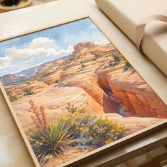 Grand Staircase-Escalante slot canyon and mesa watercolour art print in a natural wood frame, gift close-up