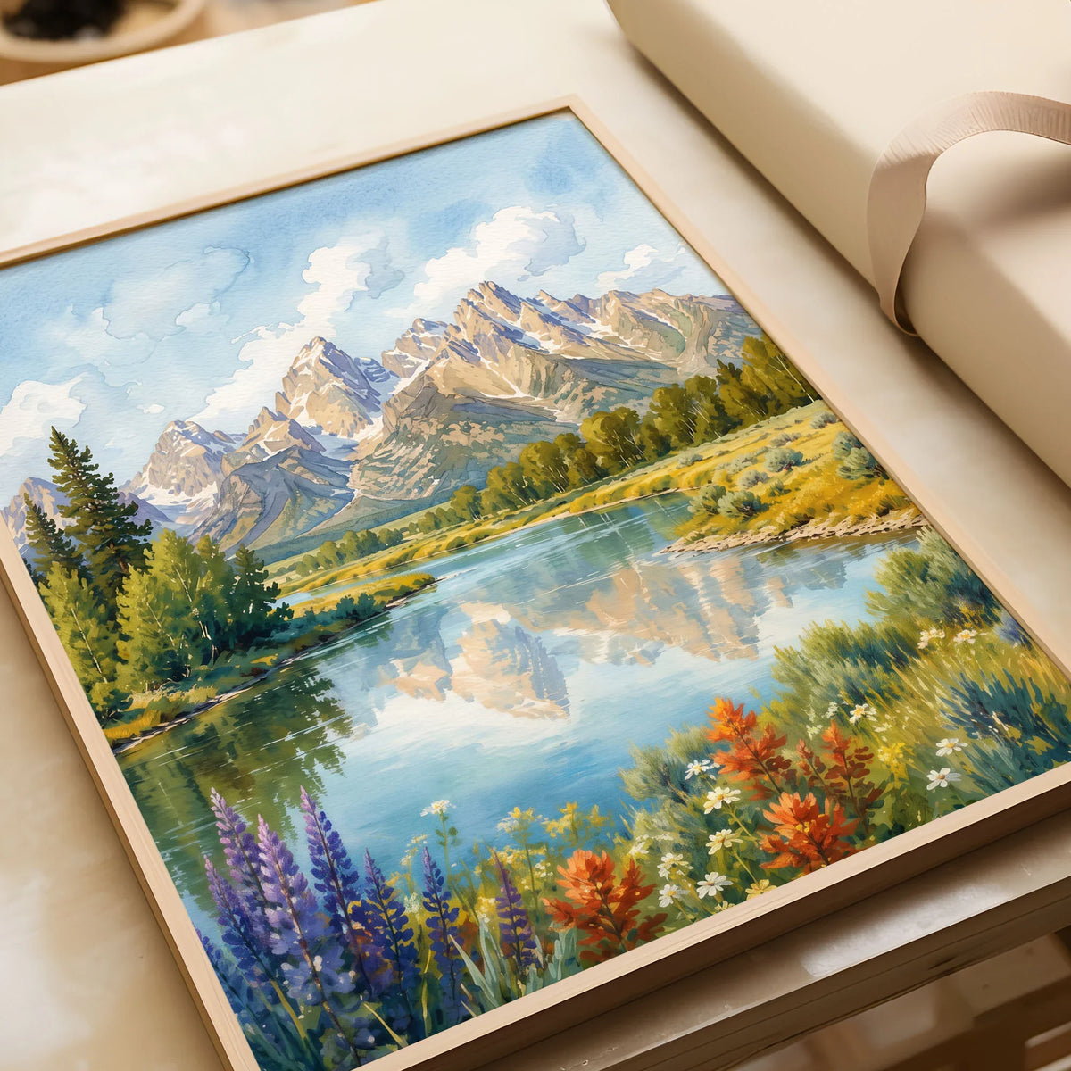 Grand Teton National Park Teton peaks over the Snake River watercolour art print in a natural wood frame, gift close-up